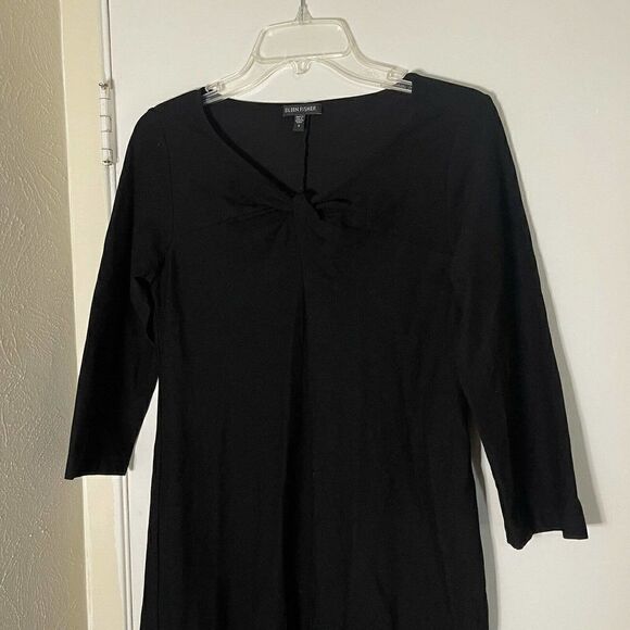 EILEEN FISHER TWIST FRONT CREPE DRESS BLACK 3/4 SLEEVE SIZE SMALL - Picture 3 of 5